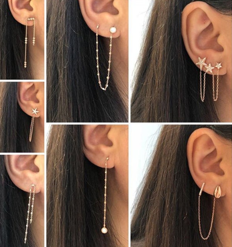 Triple Piercing Star CZ Chain Earrings 3 Stud Celestial Ear Etsy
