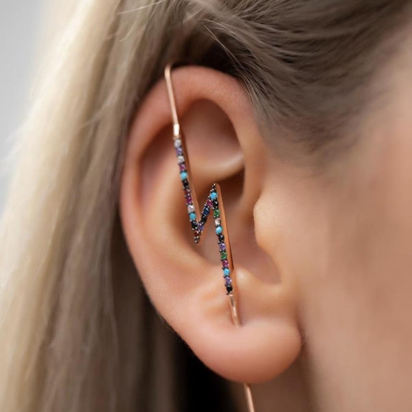 Rainbow CZ Ear Pin Earring, Edgy Pin Hook Ear Cuff, Modern Cane Ear Climber, Multicolor CZ & Rose Gold, Ear Bar Earrings, Demi-fine Jewelry