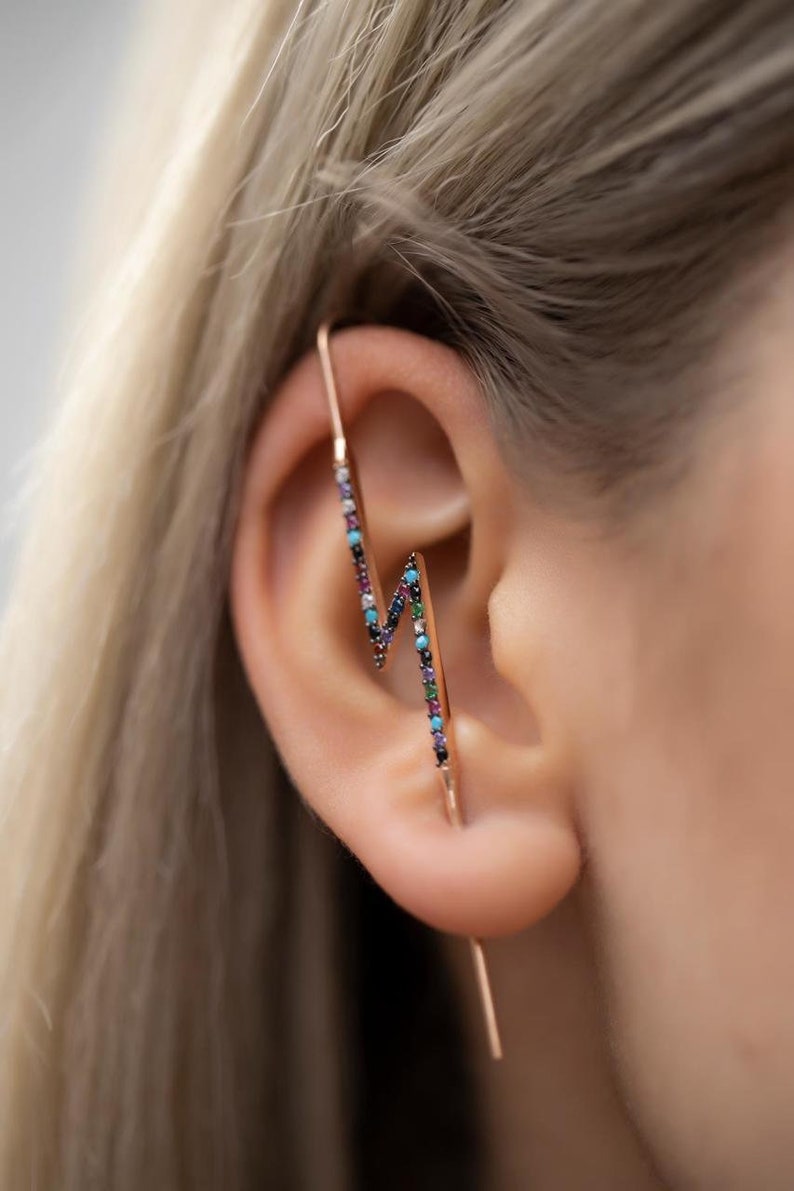 Rainbow CZ Ear Pin Earring, Edgy Pin Hook Ear Cuff, Modern Cane Ear Climber, Multicolor CZ & Rose Gold, Ear Bar Earrings, Demi-fine Jewelry image 1