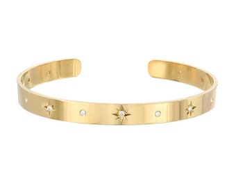 Gold north starburst cuff bracelet, Adjustable celestial bangle, North star cuff, Boho stackable bracelet, 18K gold plated jewelry