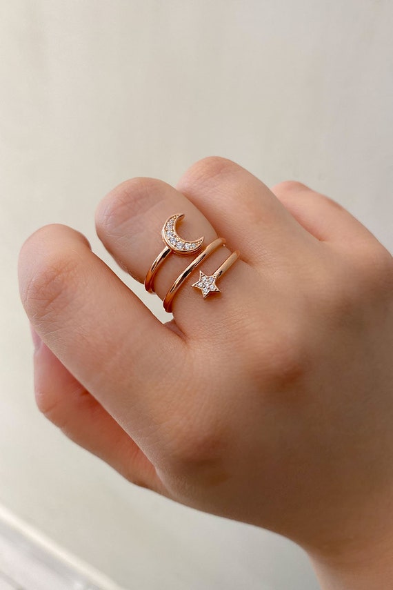 Sterling Silver Star Ring Moon Ring Crescent Moon Star Gold Open Ring  Celestial | eBay