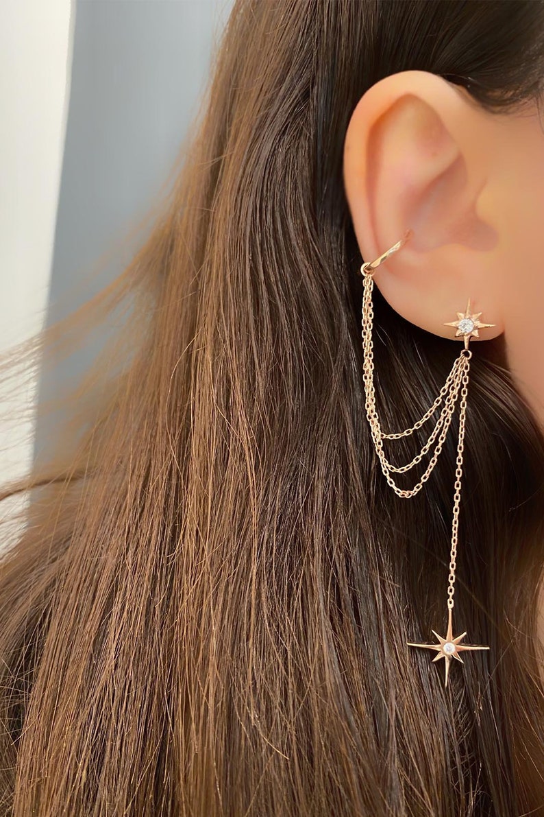 Dangling Star Earring With Chain Cuff Minimalist Jew Elry Etsy UK