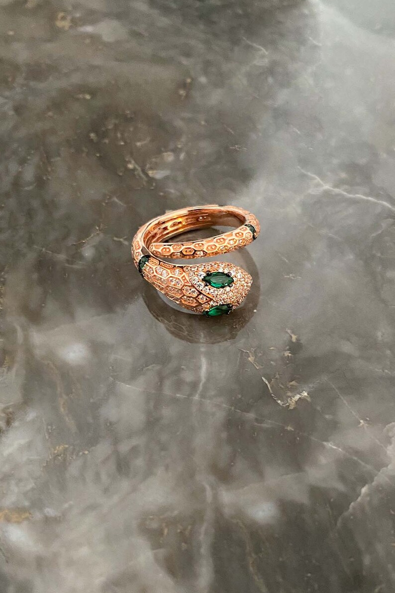 Snake Ring With Green Eyes Serpent Ring Dainty Ring Spiral Etsy