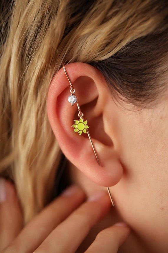 Minimalist Neon Yellow Sun Ear Pin 925 Sterling Silver Jewelry