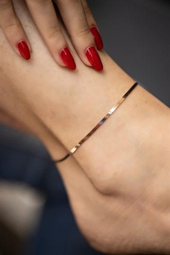 Minimal Herringbone Ankle Bracelet Rose Gold Dainty Anklet Etsy