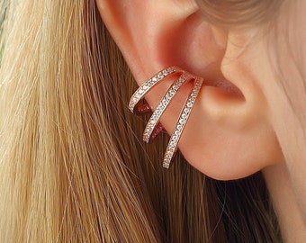 Rose Gold Triple Ear Cuff, Sterling Silver Fake Piercing