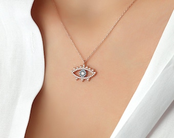 Gold Evil Eye Necklace, Sterling Silver Turquoise Pendant, Protection Amulet