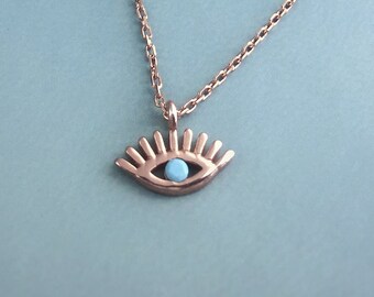 Mini Turquoise Evil Eye Pendant Necklace, Rose Gold Sterling Silver