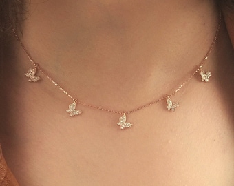 Dainty Butterfly Pendant Necklace, Rose Gold Sterling Silver, White Zircon