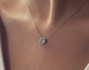 CZ Diamond Circle Necklace, 925 Sterling Silver, Bridal Jewelry