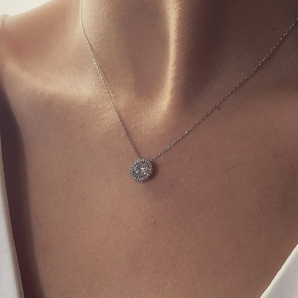 CZ Solitaire Diamond Necklace, Silver Circle Necklace, Diamond Pendant, Dainty Bridal Necklace, Bridesmaid Gift, Mothers Day Gift