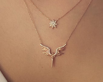 Gold Angel Wings Necklace, Sterling Silver Guardian Angel Pendant