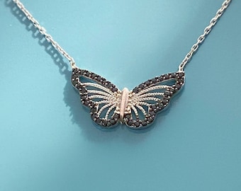 Gold Plated Sterling Silver Butterfly Pendant Necklace, Black Zircon, Adjustable Chain