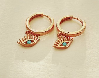 18k Gold Evil Eye Hoop Earrings, Sterling Silver Huggies, Turquoise Amulet