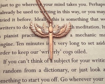 Guardian Angel Wings Necklace, Sterling Silver, Zircon Sword Pendant