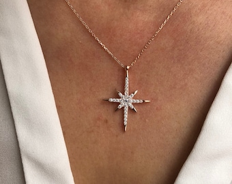 Gold Plated Sterling Silver Starburst Necklace, Cubic Zirconia Pendant