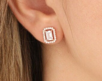 Sterling Silver Baguette Cubic Zirconia Stud Earrings, Bridal Jewelry