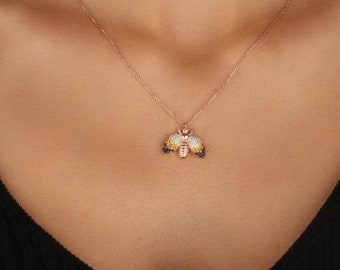 18k Gold Bee Pendant Necklace, Sterling Silver, Cubic Zirconia