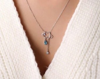 Sterling Silver Cloud Necklace, Blue Raindrop Pendant, Gold Plated