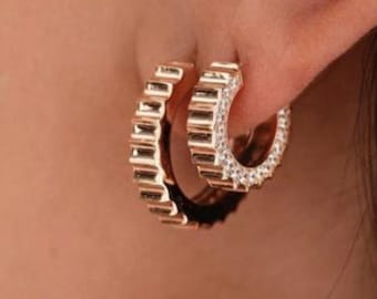 18k Gold Plated Huggie Hoop Earrings, Sterling Silver, Cubic Zirconia