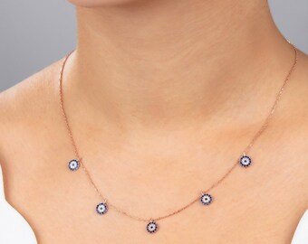 Dainty Evil Eye Necklace, Rose Gold Sterling Silver Amulet