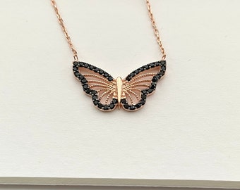 Gold Butterfly Pendant Necklace, Black Zircon, Gold Plated