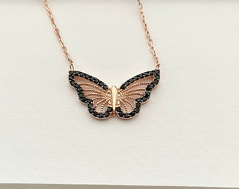 Butterfly Necklace, 18k Gold Plated Sterling Silver, Black Zircon Gemstone
