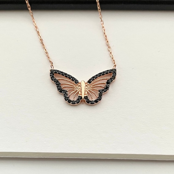 925 Sterling Silver Butterfly Necklace in Black Colour