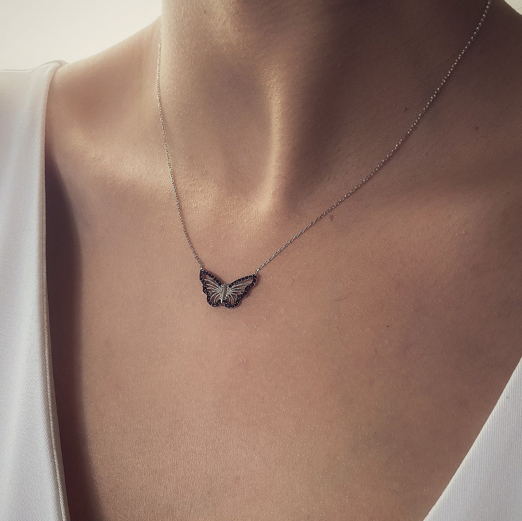 Gold Butterfly Pendant Necklace, Black Zircon, Gold Plated