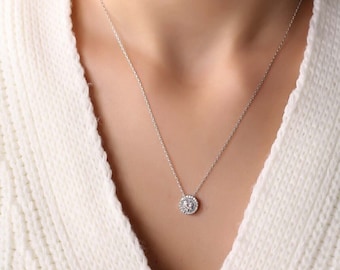 CZ Solitaire Necklace, 18k Rose Gold Plated Sterling Silver Circle Pendant