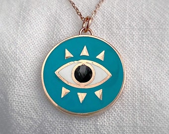 Collar protector contra el mal de ojo dorado, colgante de cerámica turquesa, plata de ley
