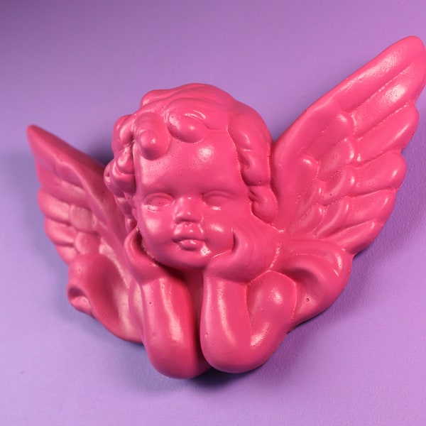 Moyenne 20 x 14 cm (20 x 14 cm) chérubin chérubin rose vif à suspendre, sculpture chérubin fleurie baroque rococo