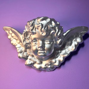 Large | Silver | Chrome | Cherub | Angel | Cupid | Wall Hanging | Kitsch | Rococo | Baroque | Ornate | Sculpture