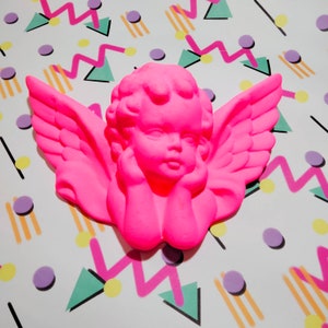 Medium 8x5.5inch - 20x14cm CHERUB | ANGEL | Cupid | NEON Pink Fluorescent Pink Wall Hanging Rococo Baroque Ornate Cherub Sculpture decor