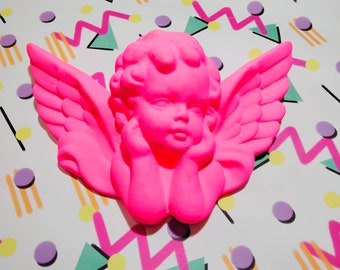 Medium 8x5.5inch - 20x14cm CHERUB | ANGEL | Cupid | NEON Pink Fluorescent Pink Wall Hanging Rococo Baroque Ornate Cherub Sculpture decor