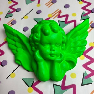 Medium 8x5.5inch - 20x14cm Cherub Angel NEON GREEN ! Wall Hanging Rococo Baroque Ornate Cherub Sculpture