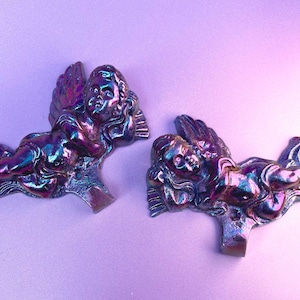 MINI Pair of Cherub | Angel | Key Hooks | Purple Blue Antique Shimmer | Iridescent | Wall Hanging | Rococo | Baroque | Ornate | Sculpture