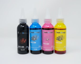 May include: Four ink bottles labeled "DYE INK" in black, cyan, magenta, and yellow. Each bottle has a clear nozzle and contains 100 ml of ink. The bottles are labeled "inkXpro" and have a floral design.