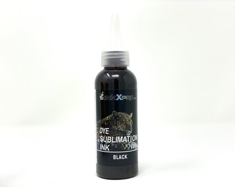May include: A black ink bottle with a white nozzle. The bottle has a black label with the text "inkXpro" and "DYE SUBMLIMATION INK BLACK". A leopard image is also on the label. The bottle contains 100ml of ink.