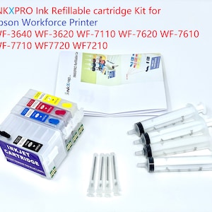 May include: Ink refillable cartridge kit for Epson Workforce printers. The kit includes a cartridge with yellow, magenta, cyan, and black ink, syringes, and needles. The text on the cartridge reads "INKJET CARTRIDGE". The kit is designed for Epson Workforce printer models.