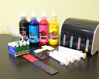 May include: An inkjet printer sublimation ink set with black, cyan, magenta, and yellow ink bottles. Includes an inkjet cartridge, syringes, and a black and white printer head. The bottles have animal graphics.