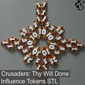 May include: A set of 18 gold and red influence tokens for the board game Crusaders: Thy Will Done. The tokens are shaped like triangles and have white numbers on them, including 1, 5, 10, and 25.