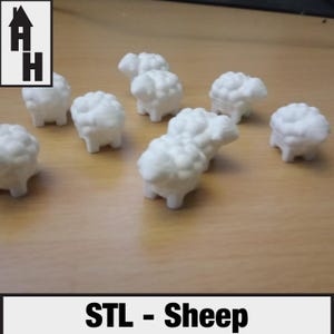 May include: A collection of small, white sheep figurines with textured wool-like bodies and four legs. The figurines are scattered on a light brown surface. The image includes the text "STL - Sheep".