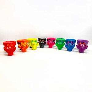 May include: A row of ten colorful cactus planters, each with a different color and a unique face. The planters are arranged in a rainbow pattern, starting with red and ending with purple.