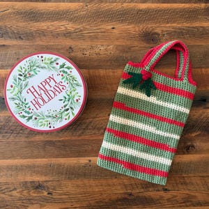 Holiday Gift Bag with Stripes and Winter Foliage, Handmade and Eco Friendly