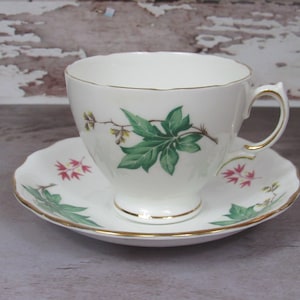 Vintage Royal Vale Bone China Decorative Teacup w Saucer Made in England - #7350 Numbered Green Leaves w Gold Accents Tea Cup & Plate