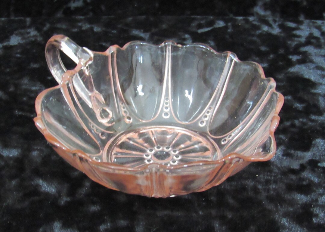 Peachpink Depression Glass Leaf Shaped Dish W Handle & Spout Retro