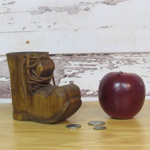Vintage Wood Carved Work Boot Figurine w Leather Laces - Hand Made Wooden Shoe 5.0 (398)