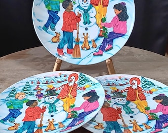 3 McDonald's Collectable Plates feat Ronald McDonald building a snowman w kids in winter - 1990s Makit Products fast food memorabilia READ