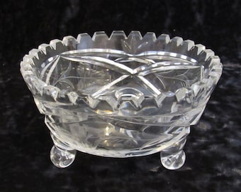 Ornate 3 Footed Cut Crystal Dish with Etched Floral Design - Vintage 6" dia Crystal Trinket Bowl on Tripod Legs